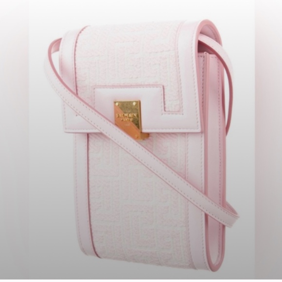 *Balmain* PRISTINE Leather Trimmed Pink Jacquard Canvas Monogram Crossbody - Picture 13 of 13